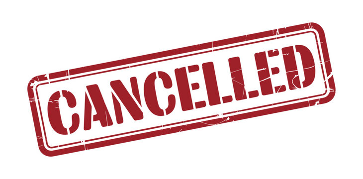 CANCELLED Stamp: A bold red stamp with the word CANCELLED printed across it, conveying a definitive refusal or termination. decision, rejection, prohibition, stop, termination, denial, veto.