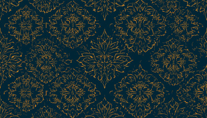 Elegant seamless damask pattern with intricate golden floral and scrollwork motifs on a deep blue background, creating a luxurious and classic design. © evans