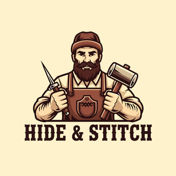Leather worker craftsman logo with tools and apron.