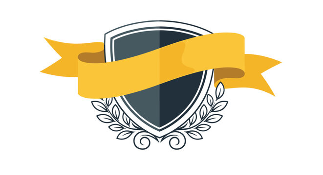 Dark blue shield emblem is decorated with a vibrant yellow flowing banner and a classic laurel leaf wreath at the bottom.