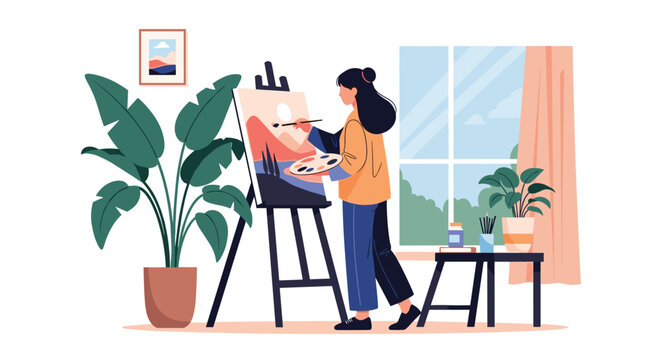 Creative female artist painting a beautiful mountain sunset on an easel canvas in her cozy home plant studio.