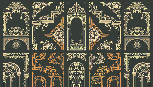 Collection of intricate vintage decorative design elements, featuring ornate scrolls, arches, and borders in a classic baroque style, ideal for elegant graphic resources.