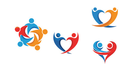 Naklejka premium Collection of abstract vector logos depicting colorful human figures forming circular groups and heart shapes.