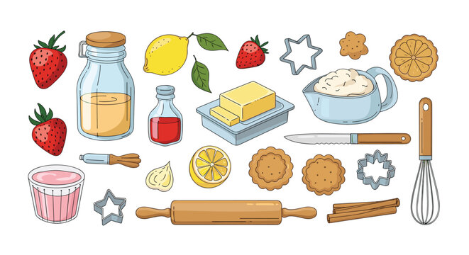 Assorted colorful graphics of baking essentials like flour, milk, strawberries, butter, and various kitchen utensils.