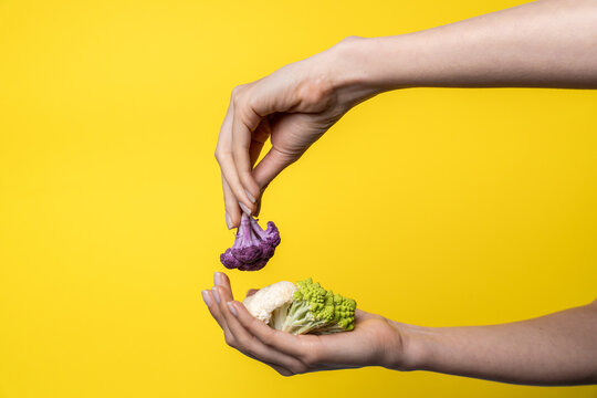 Hands holding cauliflower florets on yellow background