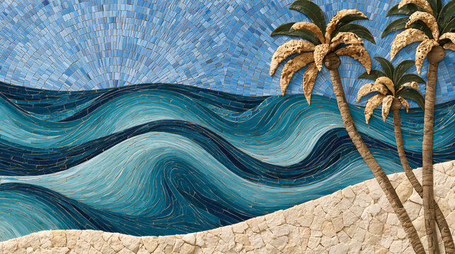An intricate mosaic-style illustration depicting a tropical beach scene with stylized blue ocean waves and palm trees constructed from textured stone and tile pieces.