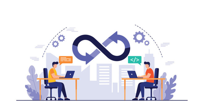 Two software engineers developing code on laptops under a large infinity loop representing continuous integration.