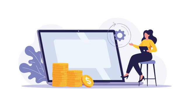Professional female developer optimizing website monetization while sitting next to a stack of gold coins.