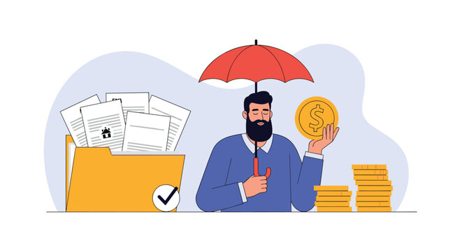 Bearded businessman holding a gold dollar coin under a protective red umbrella next to an approved file folder.