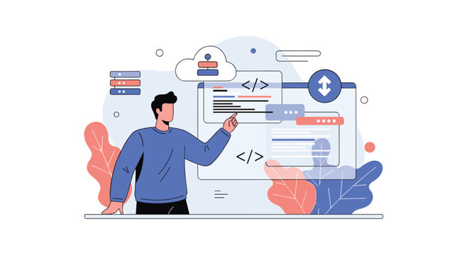 Computer programmer pointing at floating code window, cloud storage, and server icons for software development.