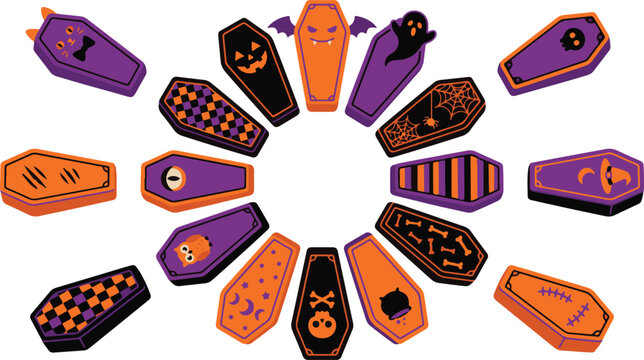 Collection of decorative halloween coffins in pixel art style with halloween pixelart decoration collection illustration