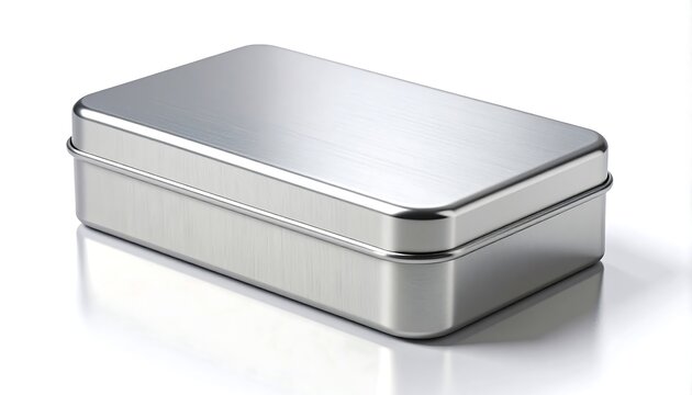 A shiny, silver rectangular container. The box is made of metal and has a clean, reflective surface with a slight reflection below
