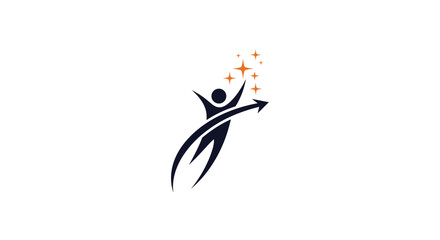 Fototapeta premium Dynamic abstract corporate logo of a rising human figure jumping toward success with bright stars and arrow.