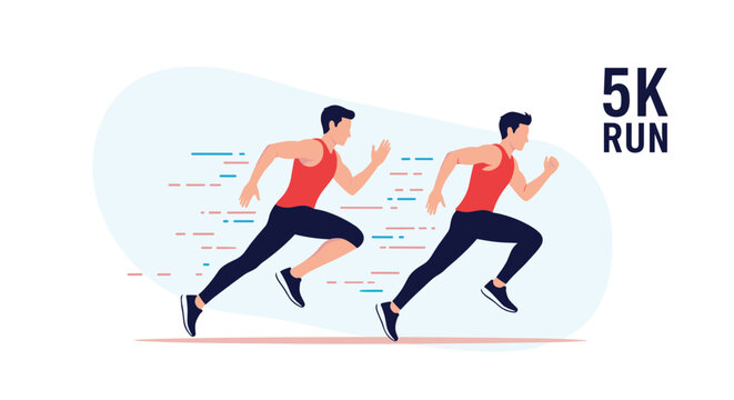 Group of competitive athletic male runners sprinting passionately in five K run marathon on athletic track.