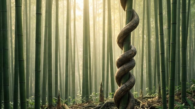 thick vine wrapped around a green bamboo stalk in a misty forest.