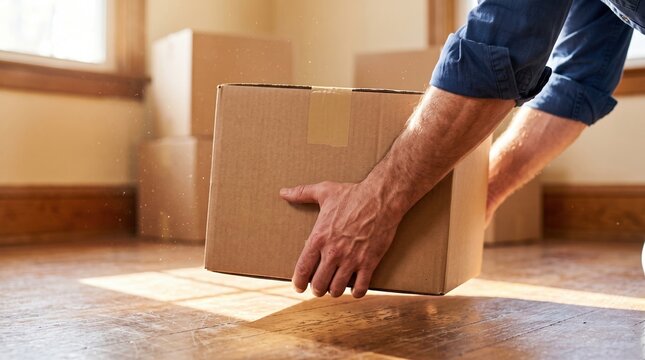 Close up of a person holding a cardboard box while moving into a new house, symbolizing a fresh start and transition.