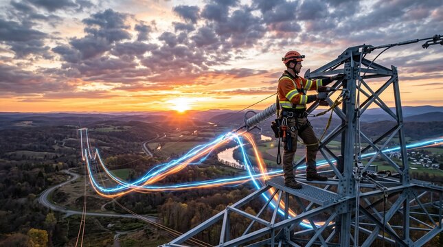Electrician lineman working on high voltage tower with glowing energy lines during sunset.