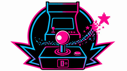 Retro arcade machine and joystick neon gaming logo. © Yara