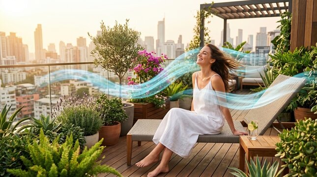 Urban garden wellness concept, a joyful woman relaxing on a sunlit terrace with lush greenery and a stunning city skyline view.