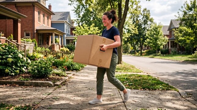 Happy moving day concept, a smiling young woman carrying a large cardboard box down a tree-lined residential street.