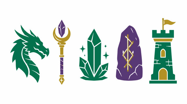 Fantasy game icons featuring dragon and magic items.