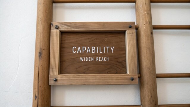 Wooden Sign with Capability and Widen Reach Words for Inspirational Motivation in Modern Interior Space