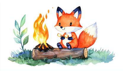 Fototapeta premium Cute fox character sitting by campfire, roasting marshmallows. scene features vibrant colors, cozy atmosphere, and natural elements like grass