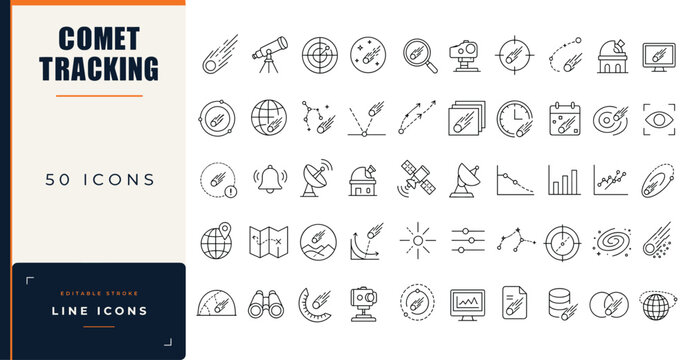 Comet tracking line icon set featuring astronomy telescope satellite radar observatory and space observation symbols