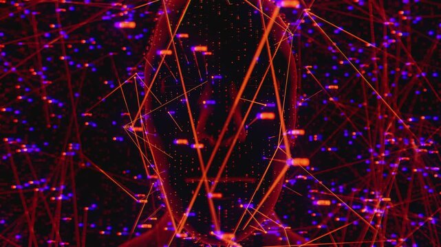 Futuristic digital human silhouette integrated with complex neural network. Abstract data visualization, HUD interface infographics and telemetry metrics analyzing human mind and artificial intelligen