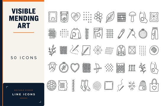 Visible mending line icon set featuring sewing stitches, patches, darning, embroidery, needles, thread, and clothing repair tools