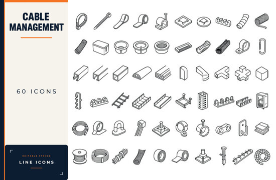 Cable management line icon set featuring wire organizers, zip ties, clips, conduits, sleeves, and cord holder accessories
