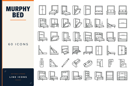 Murphy bed line icon set featuring folding wall beds, space saving furniture, mechanisms, cabinets, and convertible home interior solutions