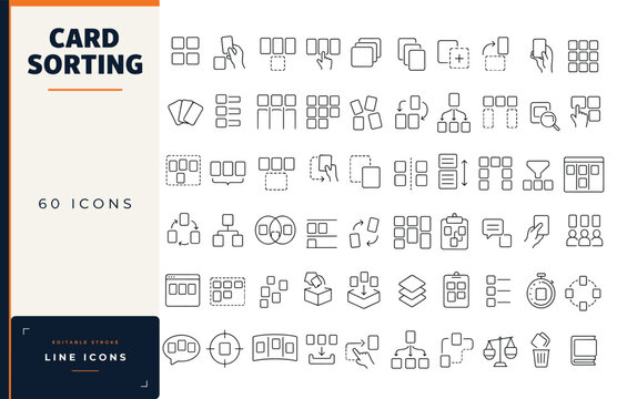Card sorting line icon set featuring user experience research, information architecture, website planning, and usability testing symbols