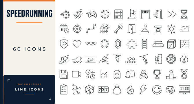 Speedrunning line icon set featuring gaming, timer, fast run, controller, stopwatch, and video game challenge symbols