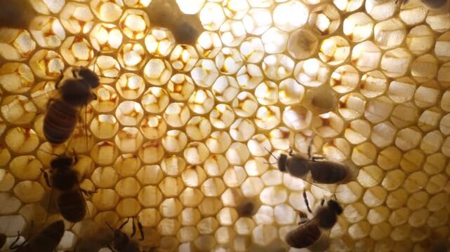 Honey bees working inside golden honeycomb, filling wax cells with honey and supporting the natural balance of ecosystem. Symbol of teamwork, pollination, sustainable agriculture biodiversity