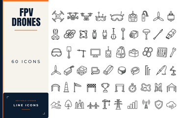 Naklejka premium FPV drones line icon set featuring quadcopters, goggles, remote controllers, propellers, cameras, and racing equipment