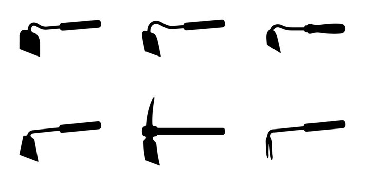 Garden Tools Collection: Hoes, Pickaxe, Cultivator Silhouettes for Agriculture and Gardening