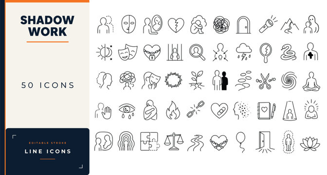 Shadow work line icon set featuring psychology, mental health, inner child healing, trauma, self reflection, and subconscious mind symbols