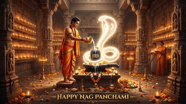 Happy Nag Panchami - Devotee Performing Abhishekh to Shiva Lingam with Glowing Cobra