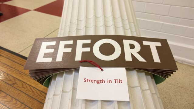 Wooden sign displaying the word effort with a tag that reads strength in tilt in an indoor setting on a column plant