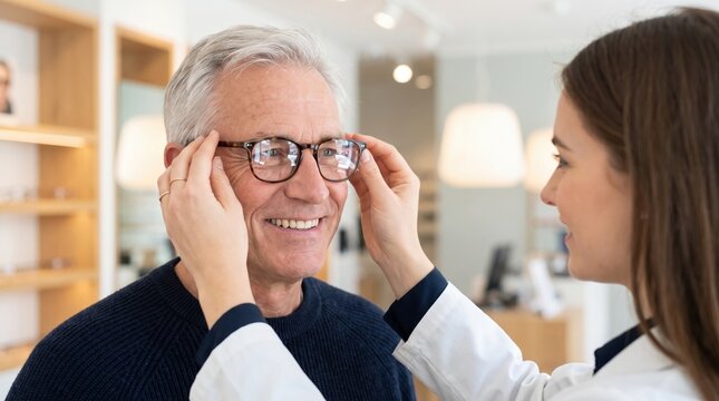 Smiling senior man in eyeglasses while female optometrist adjusts frames during vision exam in modern clinic, close-up side view with shelves and lamp visible