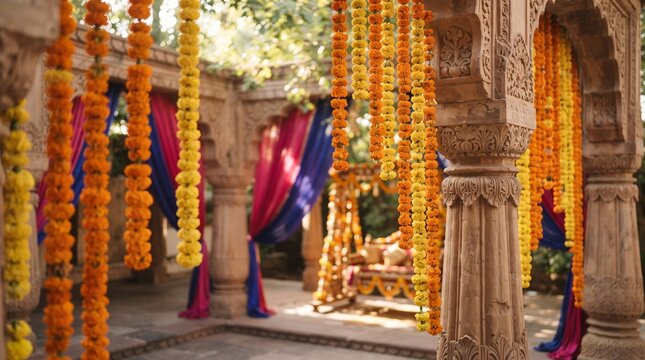 Beautiful Janmashtami Temple Decoration with Marigold Flower Garlands on Carved Stone Pillars and Jhula