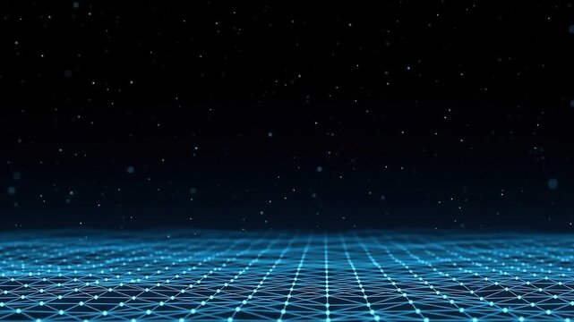 Digital wireframe mesh surface with floating particles