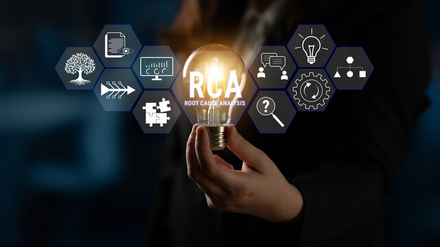 Businessperson Holding Light Bulb with Icons Representing Concepts like Root Cause Analysis, Problem Solving, and Innovative Thinking in a Professional Setting. Glyphic.