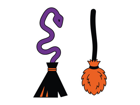 Spooky halloween witchcraft snake and broomstick illustration for festive decorations and party supplies