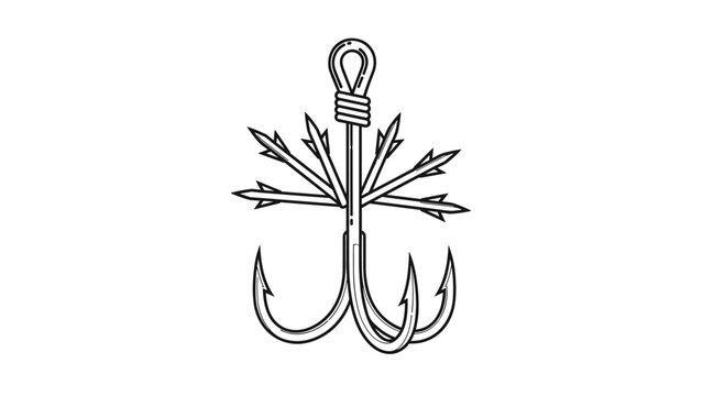 Specialized triple fishing hook with multiple barbs on the shank and sharp points shown as a black and white technical illustration.