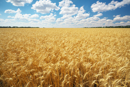 Golden ripe wheat field landscape ready for harvest under a vibrant blue sky with fluffy white clouds.