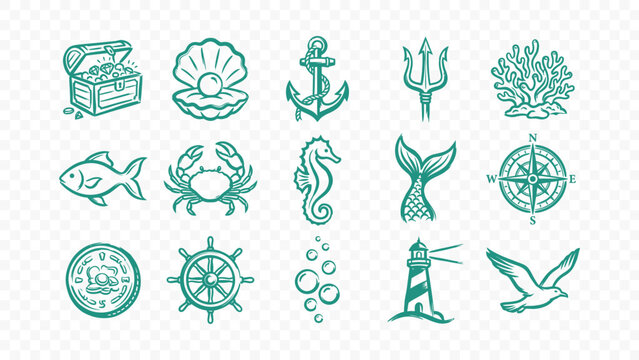 marine ocean and sea adventure doodle handmade ink scribble flat line art vector illustration icon bundle set calligraphy drawing design treasure shell anchor mermaid lighthouse