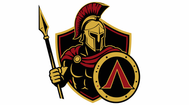 Spartan warrior head emblem with shield and spear.