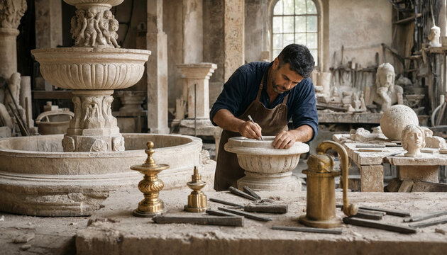 Skilled artisan sculptor working with a chisel on a stone fountain in a dusty workshop filled with marble statues and various carving tools
